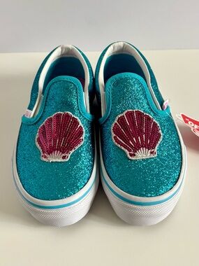 NWT Vans Mermaid Seashell Glitter Slip‑Ons | Toddler 10.5 | Aqua Teal Sparkle